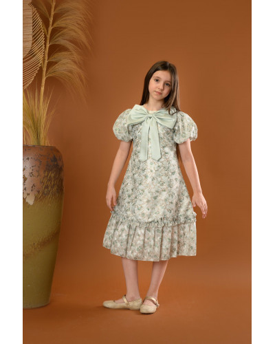 فستان بناتي مع فيونكة كبيرة وأكمام منفوشة - M3556