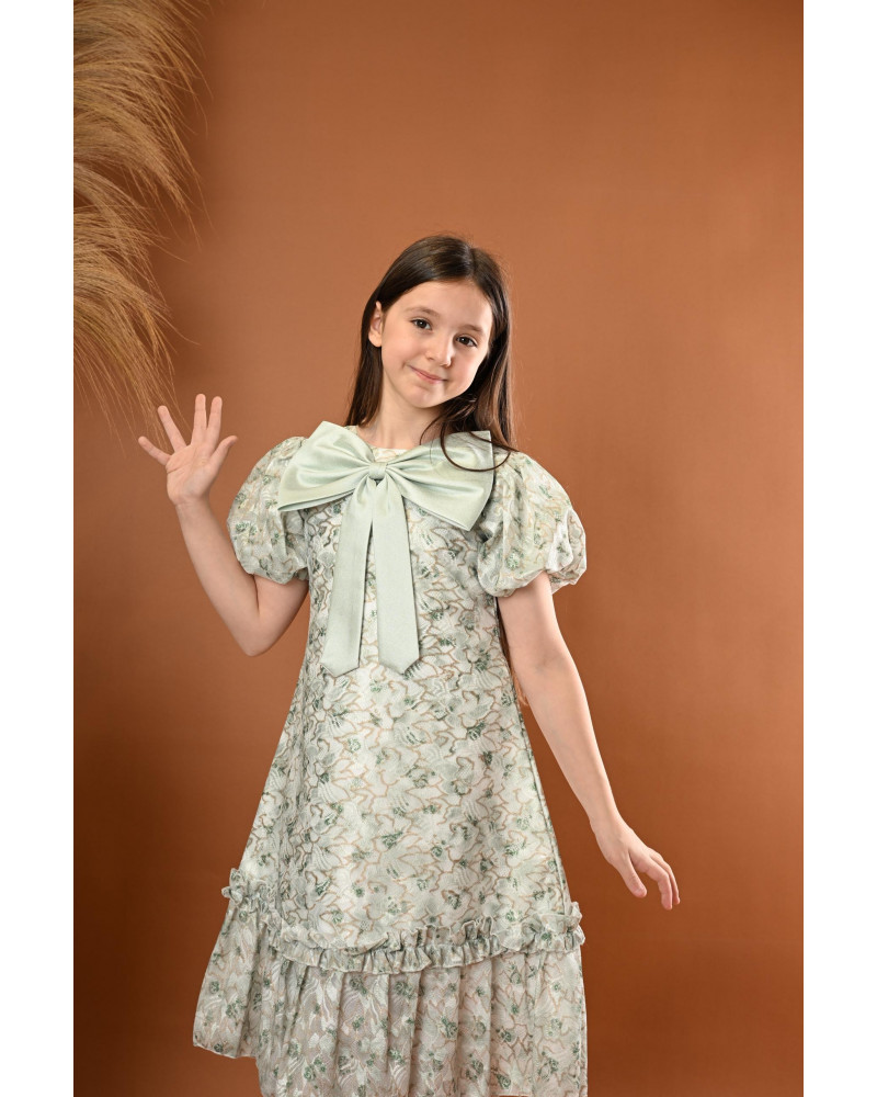 فستان بناتي مع فيونكة كبيرة وأكمام منفوشة - M3556 فستان بناتي مع فيونكة كبيرة وأكمام منفوشة - M3556