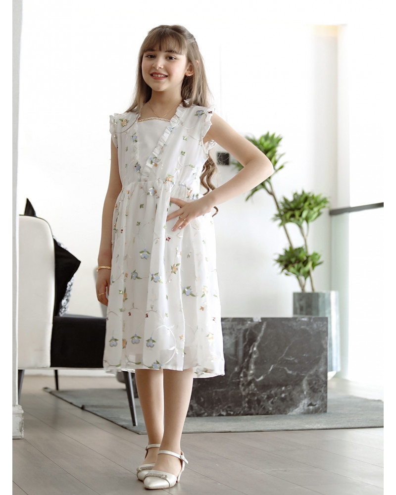 فستان بناتي مشجر بلمسات من اللون البرتقالي والسماوي - Mk2501006 فستان بناتي مشجر بلمسات من اللون البرتقالي والسماوي - Mk2501006