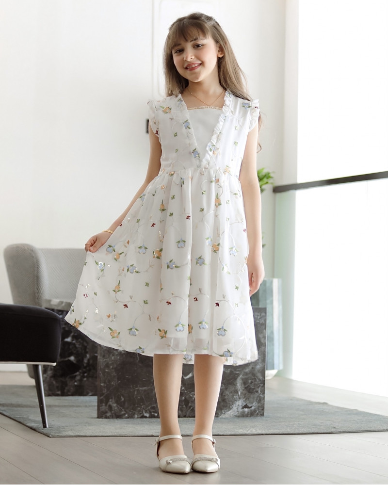 فستان بناتي مشجر بلمسات من اللون البرتقالي والسماوي - Mk2501006 فستان بناتي مشجر بلمسات من اللون البرتقالي والسماوي - Mk2501006