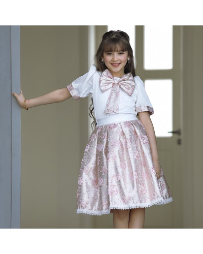 طقم تيور بناتي سبور بنقشات ورود وفيونكه على الصدر - 918