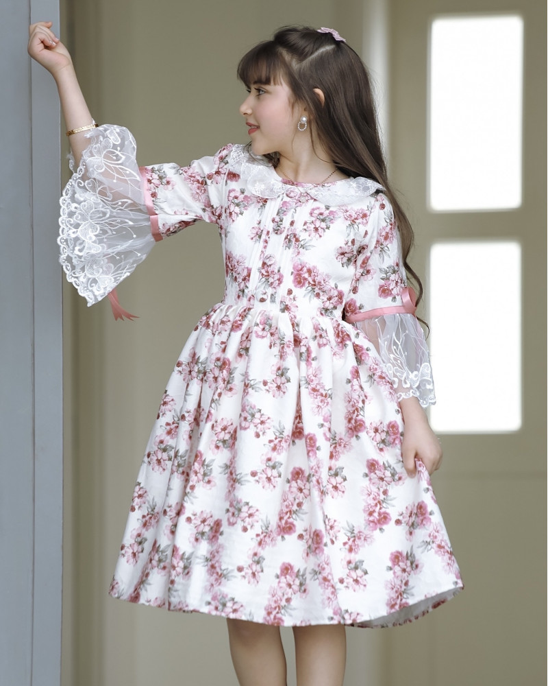 فستان بناتي بنقشات ورود - 903 فستان بناتي بنقشات ورود - 903