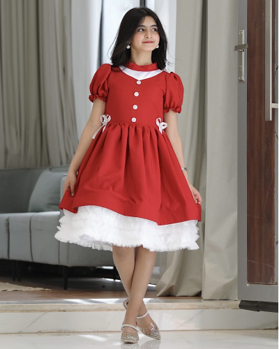 فستان بناتي أحمر بفيونكه على الخصر - 914