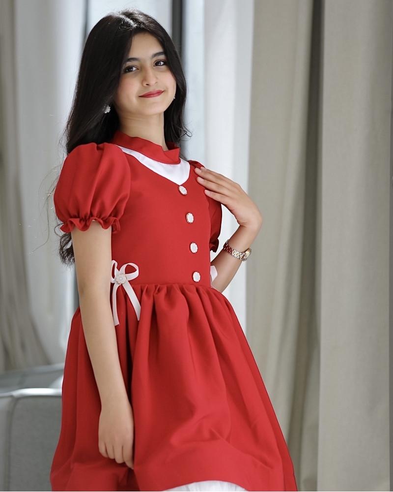 فستان بناتي أحمر بفيونكه على الخصر - 914