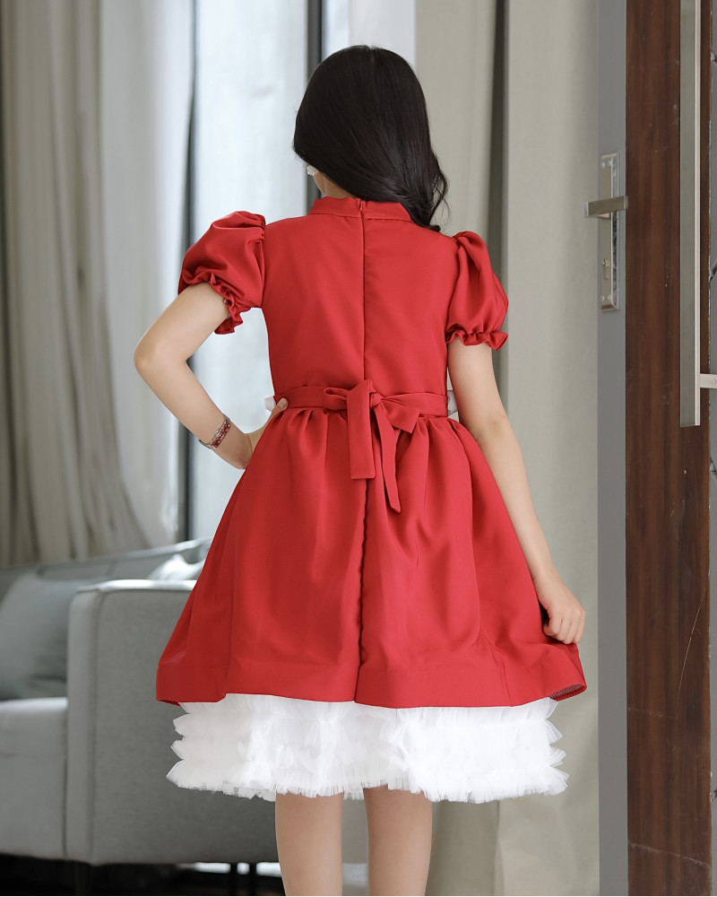 فستان بناتي أحمر بفيونكه على الخصر - 914