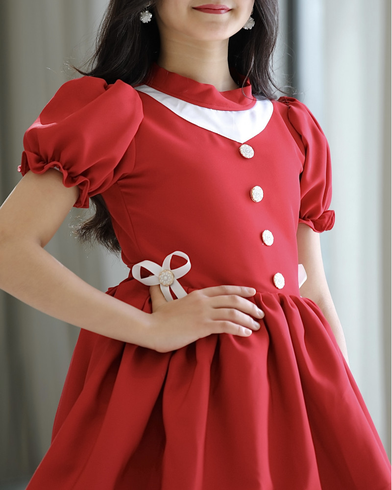 فستان بناتي أحمر بفيونكه على الخصر - 914