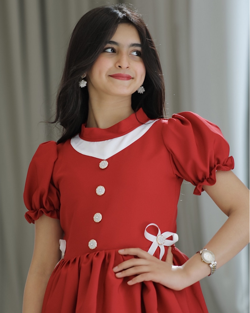 فستان بناتي أحمر بفيونكه على الخصر - 914