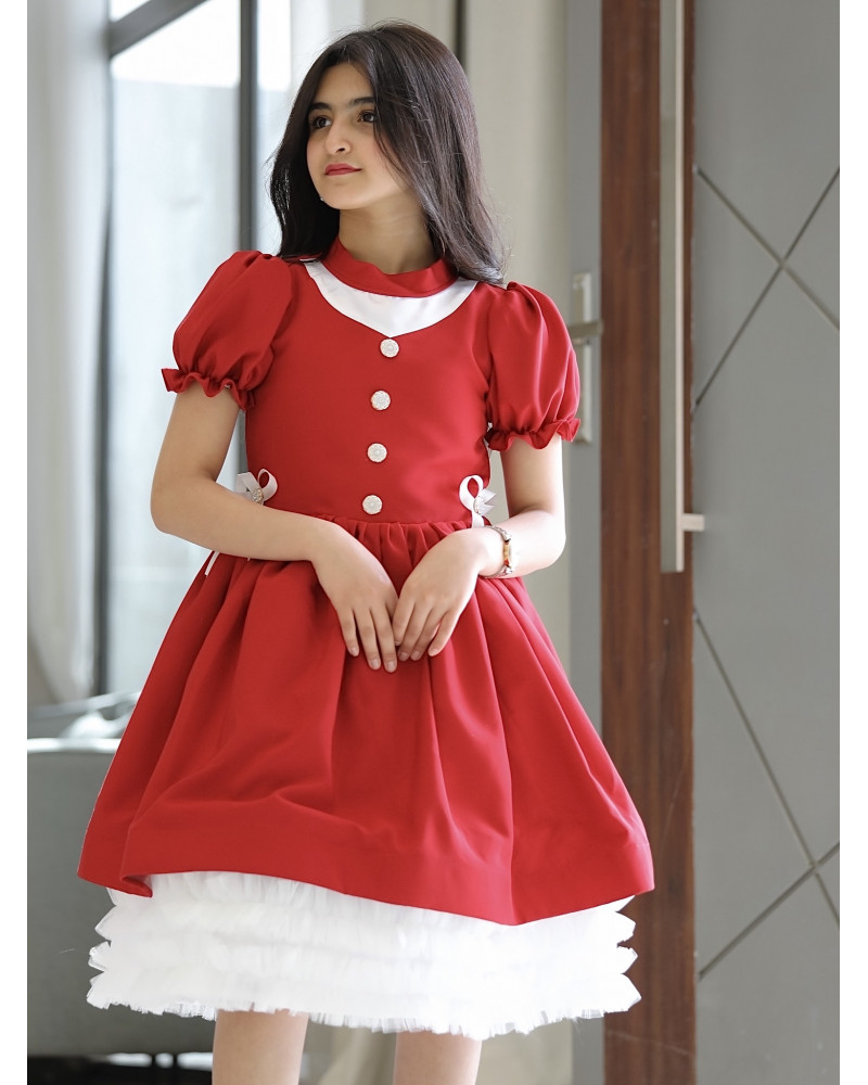 فستان بناتي أحمر بفيونكه على الخصر - 914