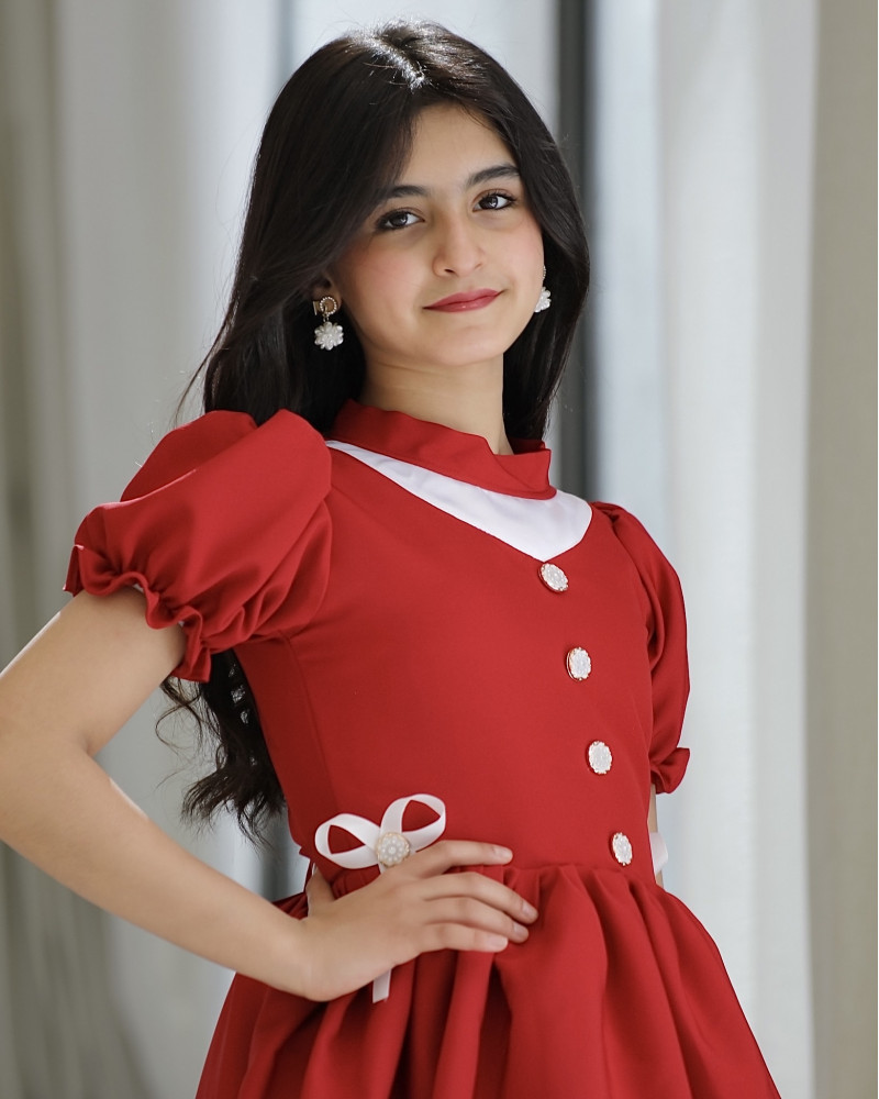 فستان بناتي أحمر بفيونكه على الخصر - 914