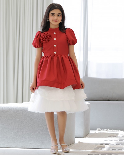 فستان بناتي أحمر بورده حمراء على الصدر - 913