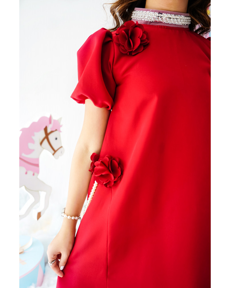 فستان بناتي أحمر بتصميم أنيق وتزيينات ورد ولؤلؤ - 1011 فستان بناتي أحمر بتصميم أنيق وتزيينات ورد ولؤلؤ - 1011