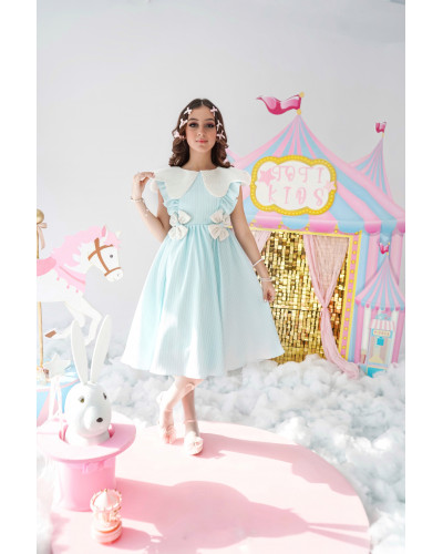 فستان بناتي سماوي بفيونكات | تصميم مقلّم - 1013 فستان بناتي سماوي بفيونكات | تصميم مقلّم - 1013