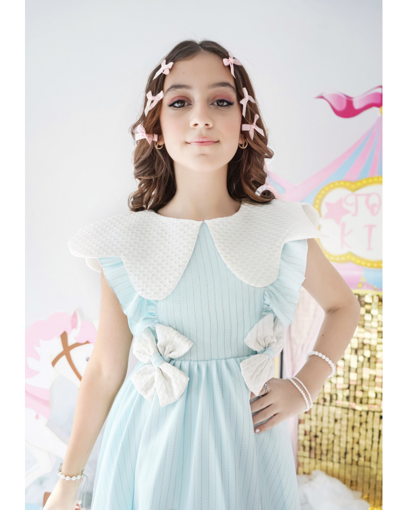 فستان بناتي سماوي بفيونكات | تصميم مقلّم - 1013