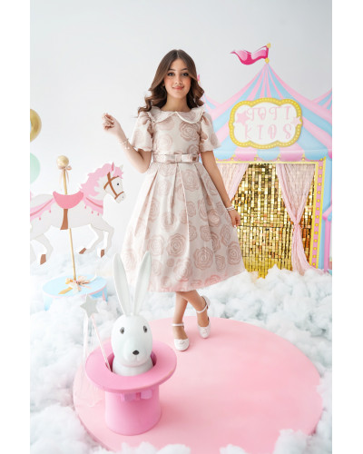 فستان بناتي جاكار وردي بإطلالة ملكية - 1002 فستان بناتي جاكار وردي بإطلالة ملكية - 1002