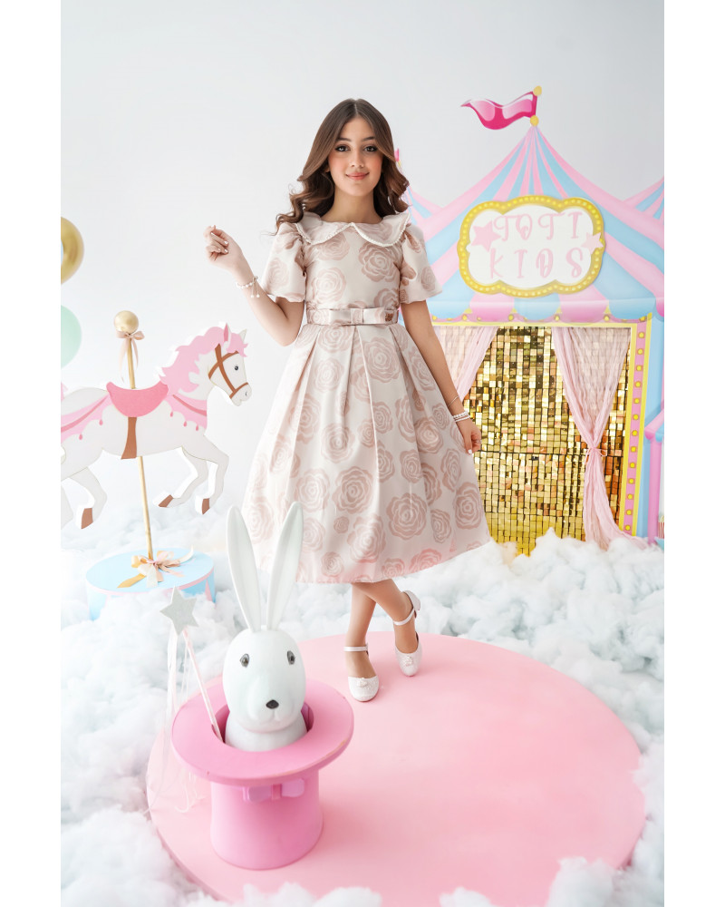 فستان بناتي جاكار وردي بإطلالة ملكية - 1002 فستان بناتي جاكار وردي بإطلالة ملكية - 1002