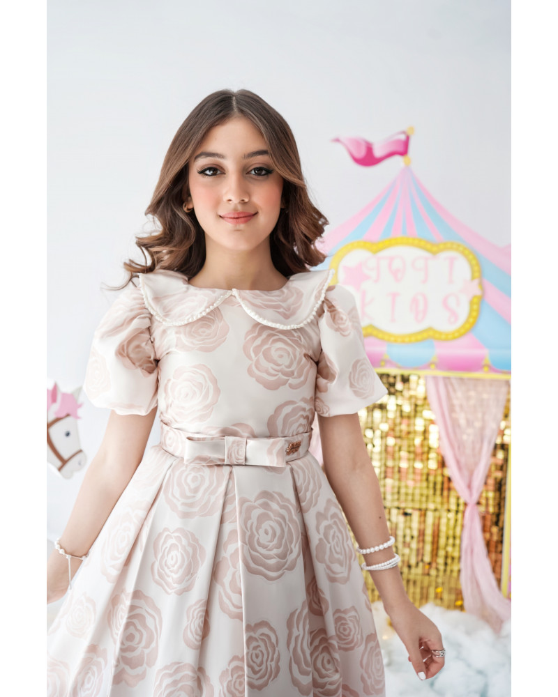 فستان بناتي جاكار وردي بإطلالة ملكية - 1002 فستان بناتي جاكار وردي بإطلالة ملكية - 1002