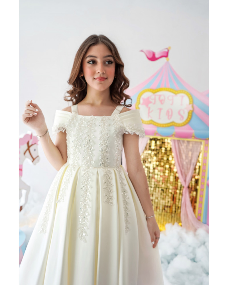 فستان بناتي أوف وايت مطرز | فستان سهرة للأفراح - M3624