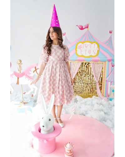 فستان بناتي كاروهات وردي تصميم كلاسيكي للحفلات - 1019 فستان بناتي كاروهات وردي تصميم كلاسيكي للحفلات - 1019