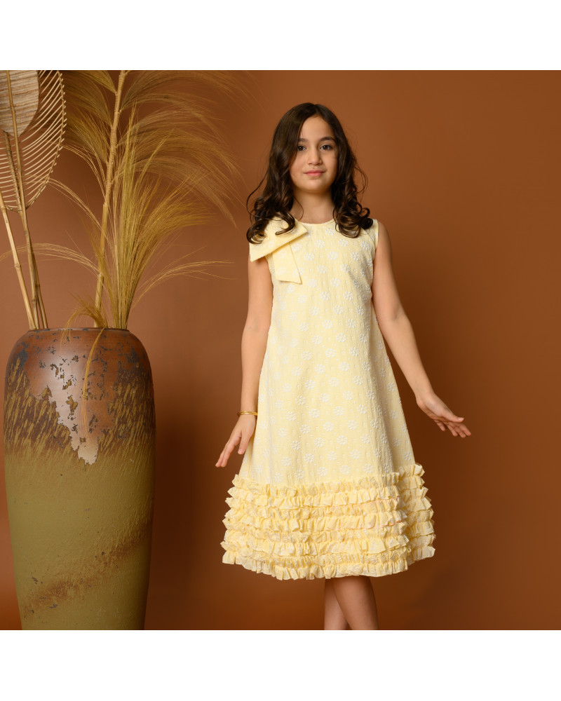 فستان بناتي أصفر بكشكش وفيونكة - 731 فستان بناتي أصفر بكشكش وفيونكة - 731