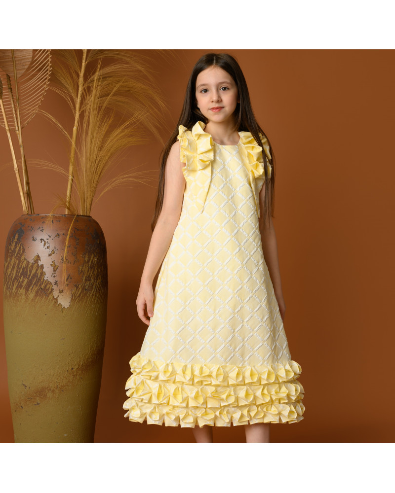 فستان بناتي أصفر أنيق بتصميم فريد - 717 فستان بناتي أصفر أنيق بتصميم فريد - 717