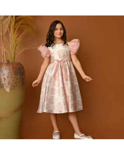 فستان بناتي مزين بنقشات الورود وأكمام منفوخة مع فيونكة - Kj2054