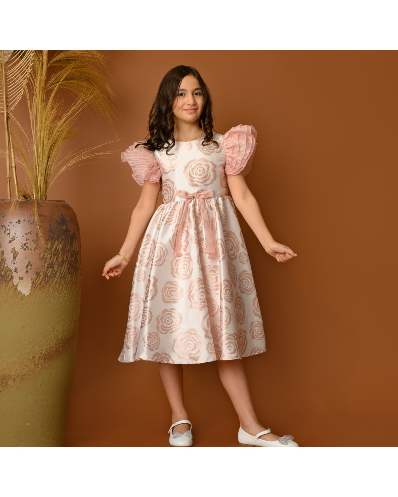 فستان بناتي مزين بنقشات الورود وأكمام منفوخة مع فيونكة - Kj2054