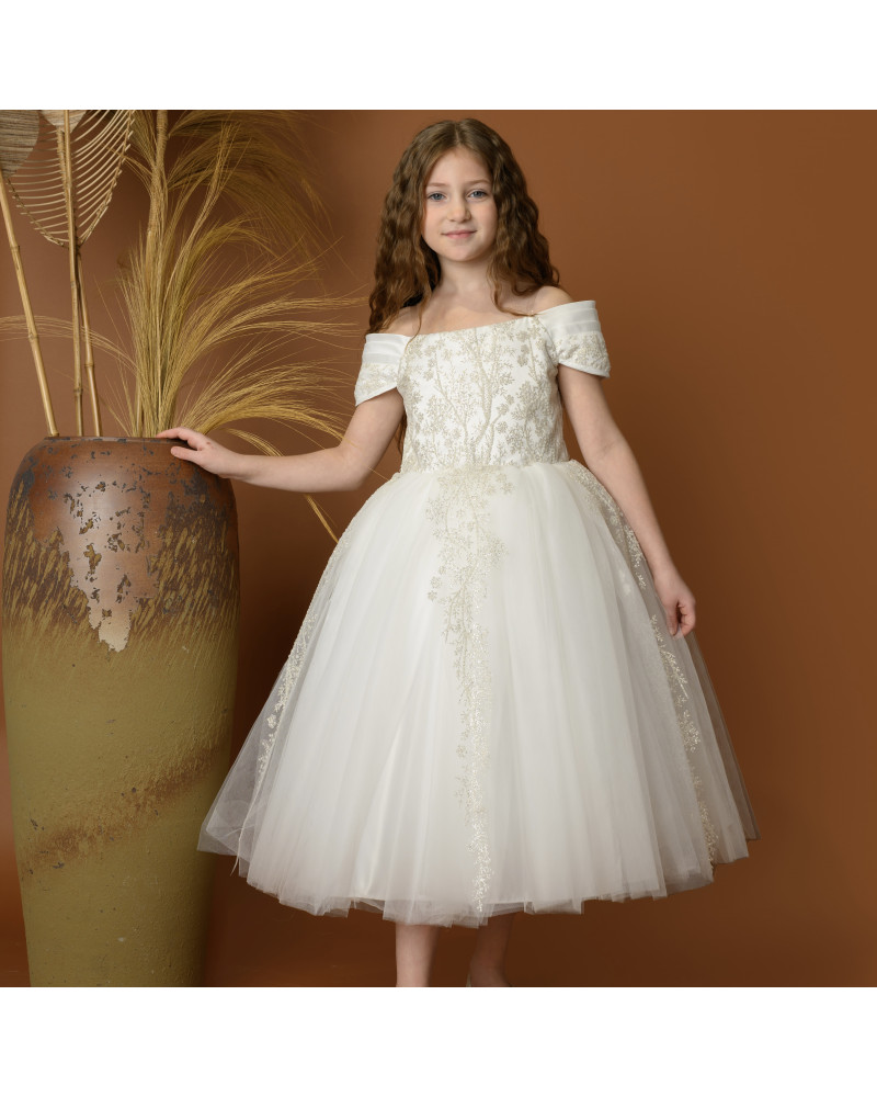 فستان بناتي سهرة أبيض بتصميم منفوش - M3607 فستان بناتي سهرة أبيض بتصميم منفوش - M3607