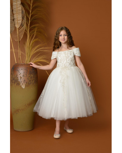 فستان بناتي سهرة أبيض بتصميم منفوش - M3607 فستان بناتي سهرة أبيض بتصميم منفوش - M3607
