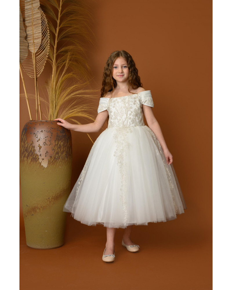 فستان بناتي سهرة أبيض بتصميم منفوش - M3607 فستان بناتي سهرة أبيض بتصميم منفوش - M3607