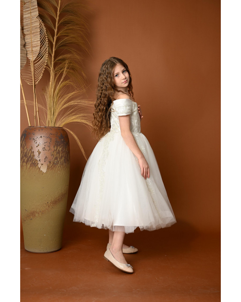 فستان بناتي سهرة أبيض بتصميم منفوش - M3607 فستان بناتي سهرة أبيض بتصميم منفوش - M3607