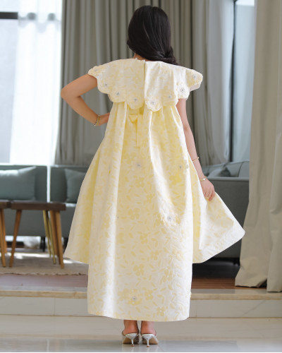 فستان بناتي الاصفر الانيق بذيل وتفاصيل انيقة - 924