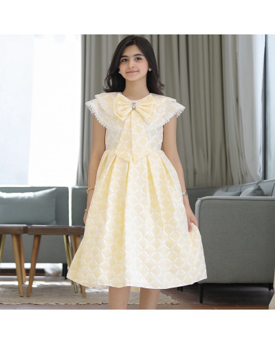 فستان بناتي الاصفر بفيونكه وحزام انيق - 901