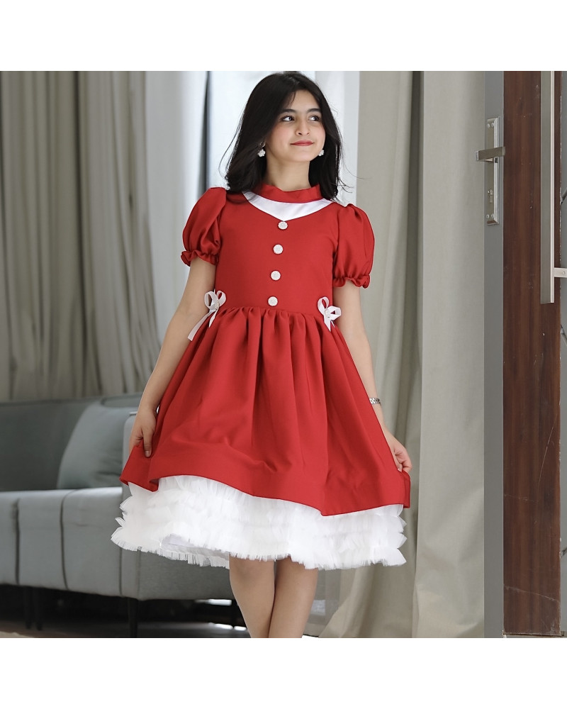 فستان بناتي أحمر بفيونكه على الخصر - 914