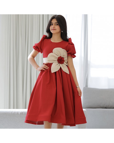 فستان بناتي أحمر بورده كبيره على الخصر - 916