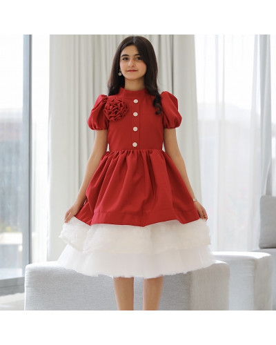 فستان بناتي أحمر بورده حمراء على الصدر - 913