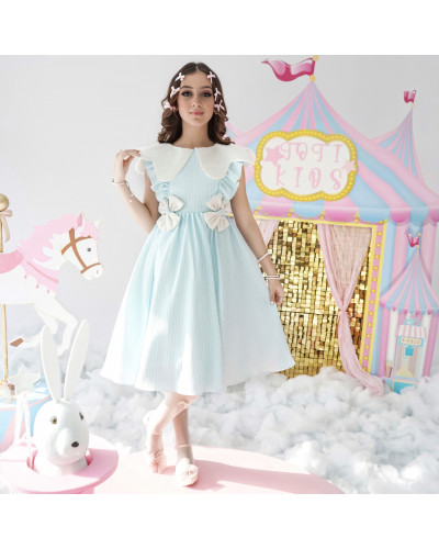 فستان بناتي سماوي بفيونكات | تصميم مقلّم - 1013 فستان بناتي سماوي بفيونكات | تصميم مقلّم - 1013