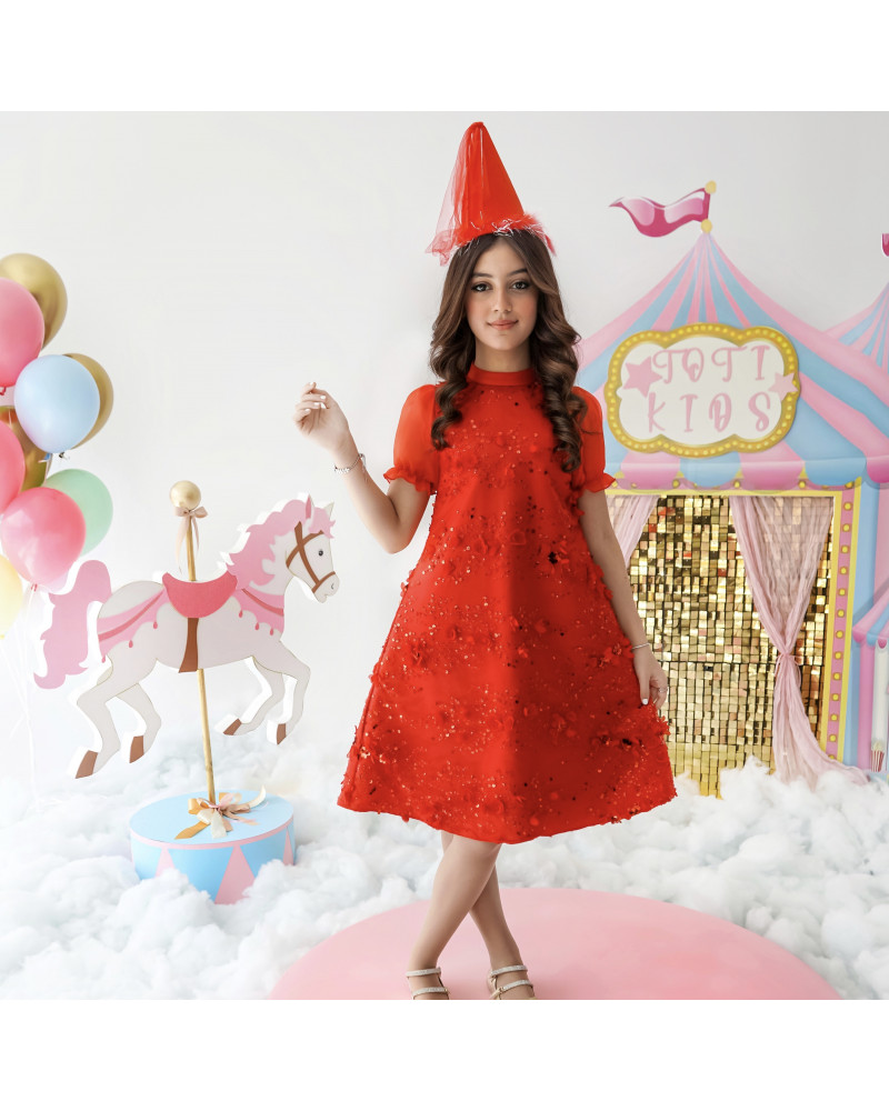 فستان بناتي أحمر للحفلات لون الفرح - M3693 فستان بناتي أحمر للحفلات لون الفرح - M3693