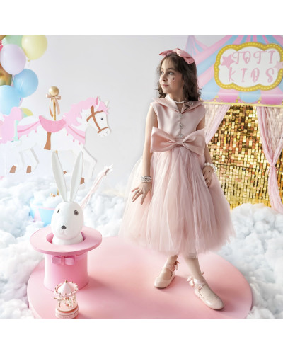 فستان سهرة بناتي وردي تل بفيونكة - M3724 فستان سهرة بناتي وردي تل بفيونكة - M3724