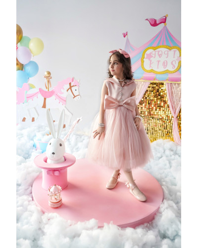 فستان سهرة بناتي وردي تل بفيونكة - M3724 فستان سهرة بناتي وردي تل بفيونكة - M3724