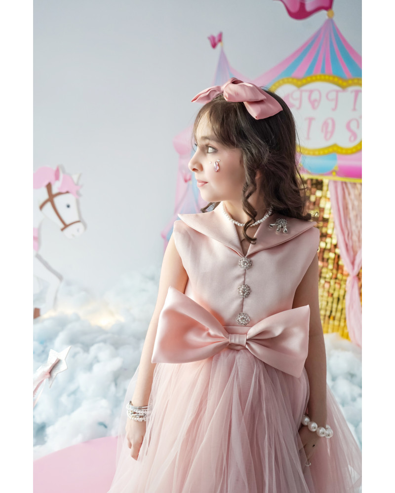 فستان سهرة بناتي وردي تل بفيونكة - M3724 فستان سهرة بناتي وردي تل بفيونكة - M3724