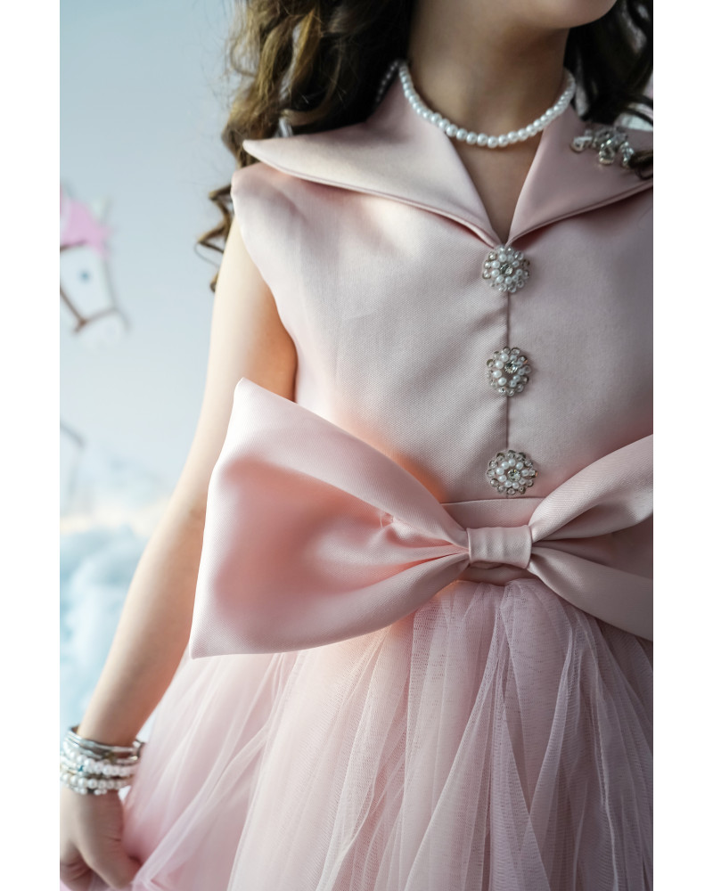 فستان سهرة بناتي وردي تل بفيونكة - M3724 فستان سهرة بناتي وردي تل بفيونكة - M3724