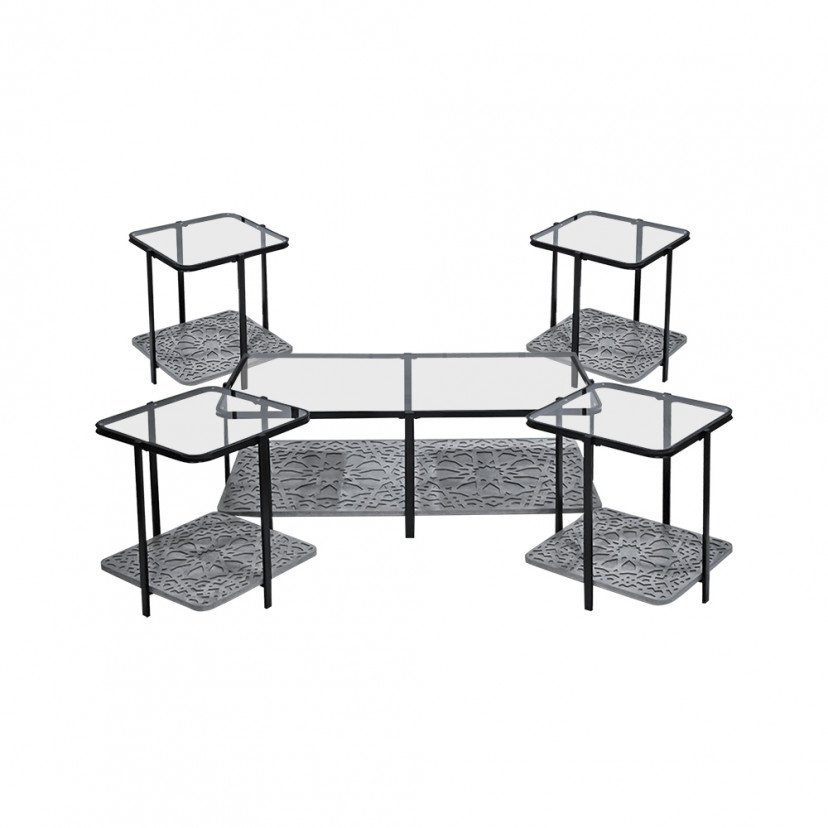طقم طاولات خدمة 5 قطع من الزجاج والخشب والمعدن رمادي ارجل معدنية
