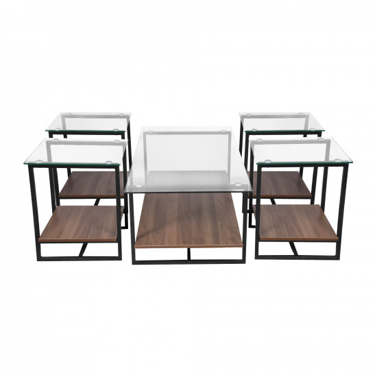 طقم طاولات خدمة 5 قطع من الزجاج والخشب والمعدن بني غامق