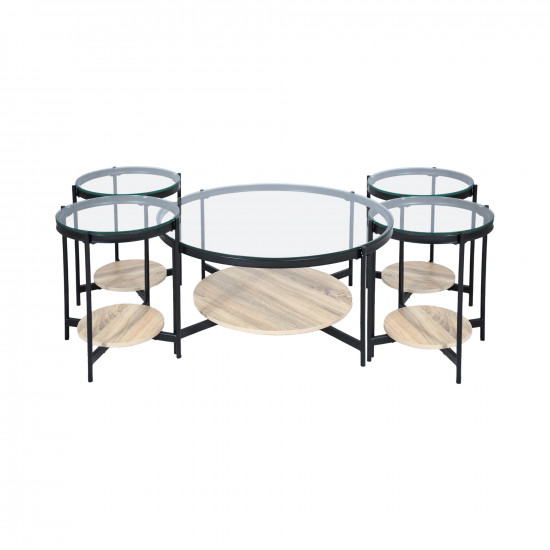طقم طاولات خدمة 5 قطع من الزجاج والخشب والمعدن بني فاتح 87 سم