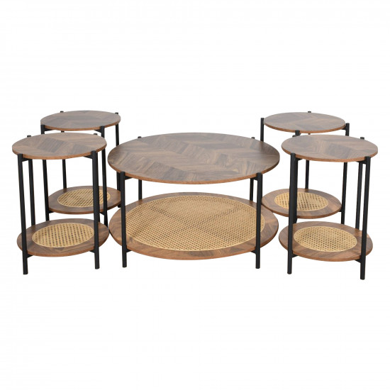 طقم طاولات خدمة 5 قطع من الخشب و الراتان طقم طاولات خدمة 5 قطع من الخشب و الراتان