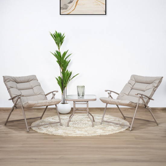 طقم جلسة خارجية قابلة للطي كرسيين مع طاولة بسطح زجاجي فاخر -  كاكي