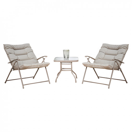 طقم جلسة خارجية قابلة للطي كرسيين مع طاولة بسطح زجاجي فاخر -  كاكي
