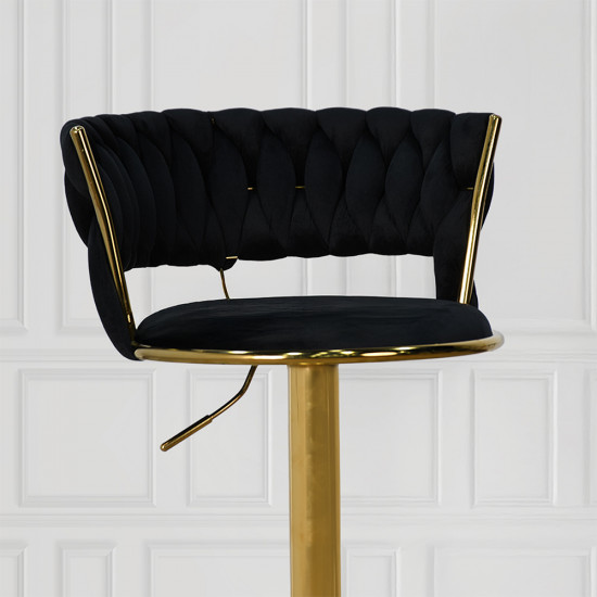 كرسي بار قماش مخمل أسود بإطار ذهبي