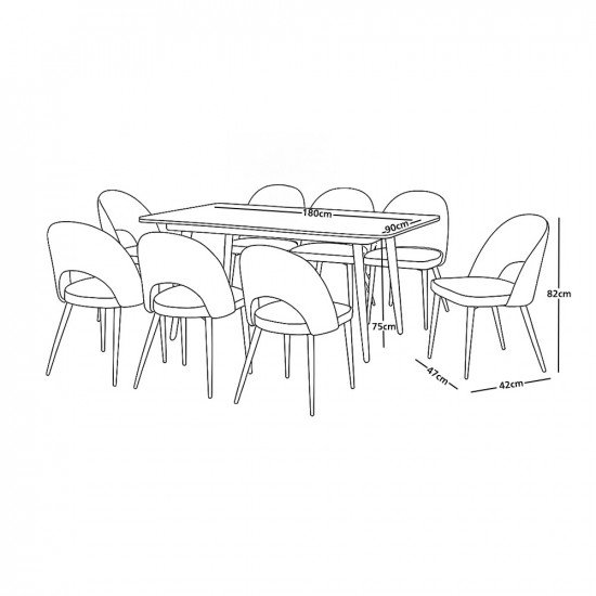 طاولة طعام سطح سيراميك 8 كراسي مع أرجل معدنية