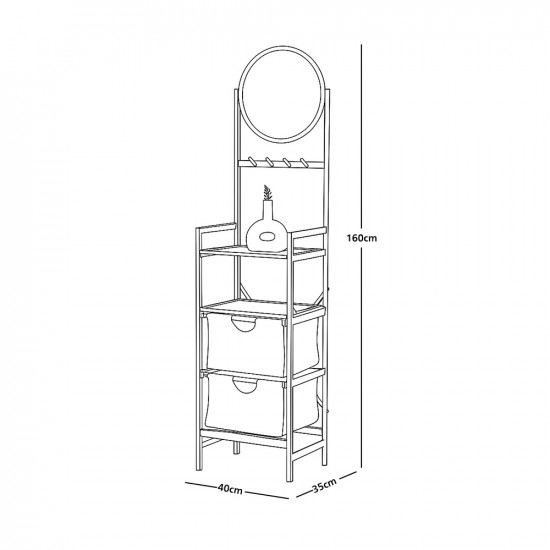 وحدة رفوف خشبية بأدراج قماشية مع مرآة